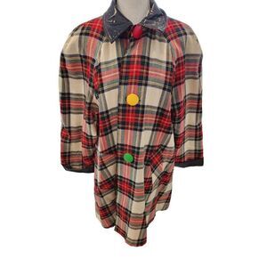 Vintage Mod Red White Plaid Reversible Patent Vinyl Raincoat Wool Swing Coat
